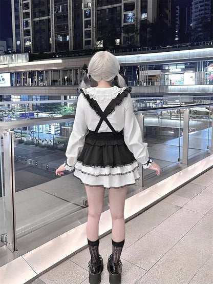 Jirai Kei Black Bowknots White Peter Pan Collar Lace Trim Blouse