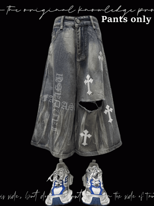 Y2K Blue Cross Appliques Distressed Holes Wide-Leg Jeans