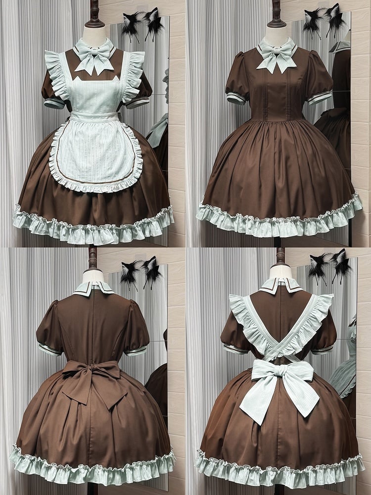 Brown and Mint Green Kitty Maid Lolita Short Puff Sleeves Dress + Apron