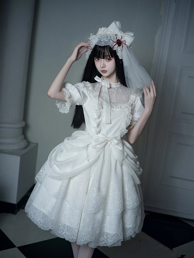 Clearance-Size M for Bust 90CM White Spider Web and Cross Embroidery Shiro Lolita Dress Embroidered Scalloped Edge Trim Skirt