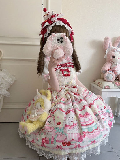 Cakes and Bunny Print Yellow Lolita Dress Sweet Jumper Skirt