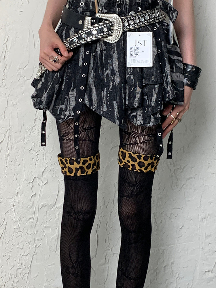 Black Y2K Leopard Pattern Cuffs Overknee Stockings