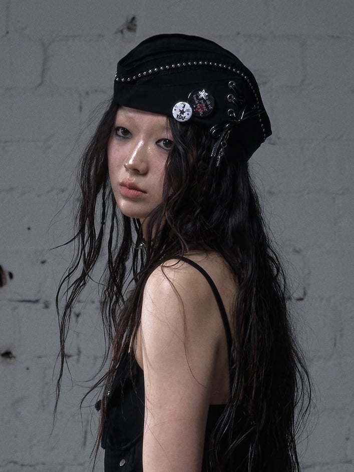 Black/White Navycore Lace-up Detail Cross Charm Punk Studded Sailor Hat