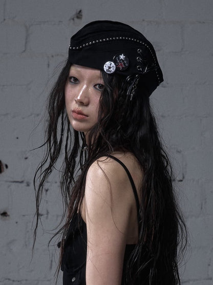 Black/White Navycore Lace-up Detail Cross Charm Punk Studded Sailor Hat