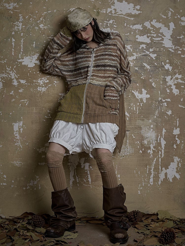 Dune Inspired Bunny Ears Brown Striped Hooded Top Hollow-out Design