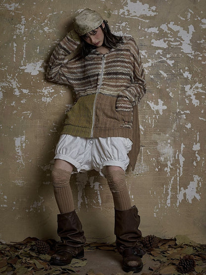 Dune Inspired Bunny Ears Brown Striped Hooded Top Hollow-out Design