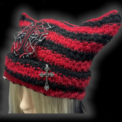 Red and Black Cross Applique Studs Design Punk Cat Ears Striped Beanie