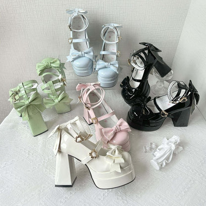White Bow Accents High Block Heel Platform High Heels