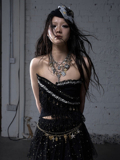 Baroque Bead Details Fringe Hem Black/White Crossover Design Strapless Top