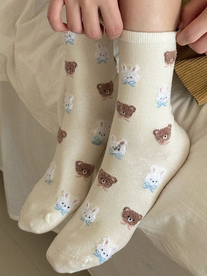 Milk White/Light Pink/Light Coffee/Black Sweet Bunny Bear Bowknot Calf Socks