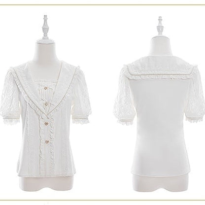 Jirai Kei Sailor Collar White Short Sleeves Blouse Bowknot and Sweetheart Rhinestone Decorations