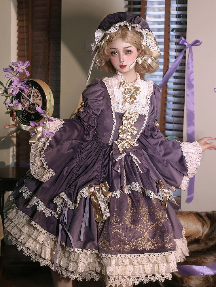 Candle and Candlestick Embroidery Purple Bell Sleeves Velvet Dress Lolita OP / Set