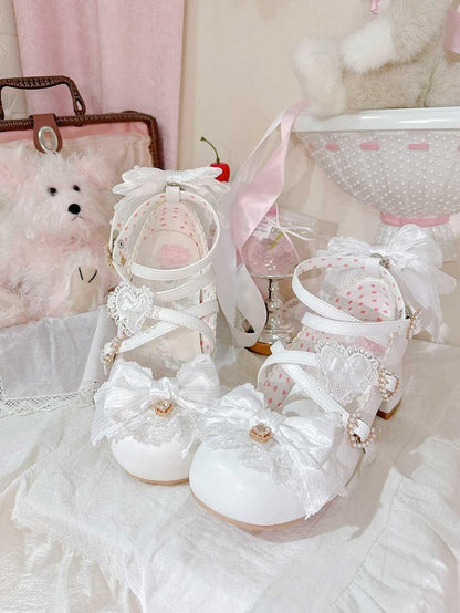 White Sweet Lolita Bowknot Details Crisscross Design Heart Buckle Straps 5CM Block Heels Shoes