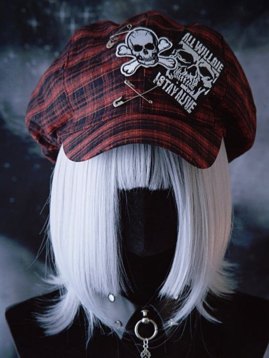 Red And Black Plaid Pattern With Skull Applique Beret