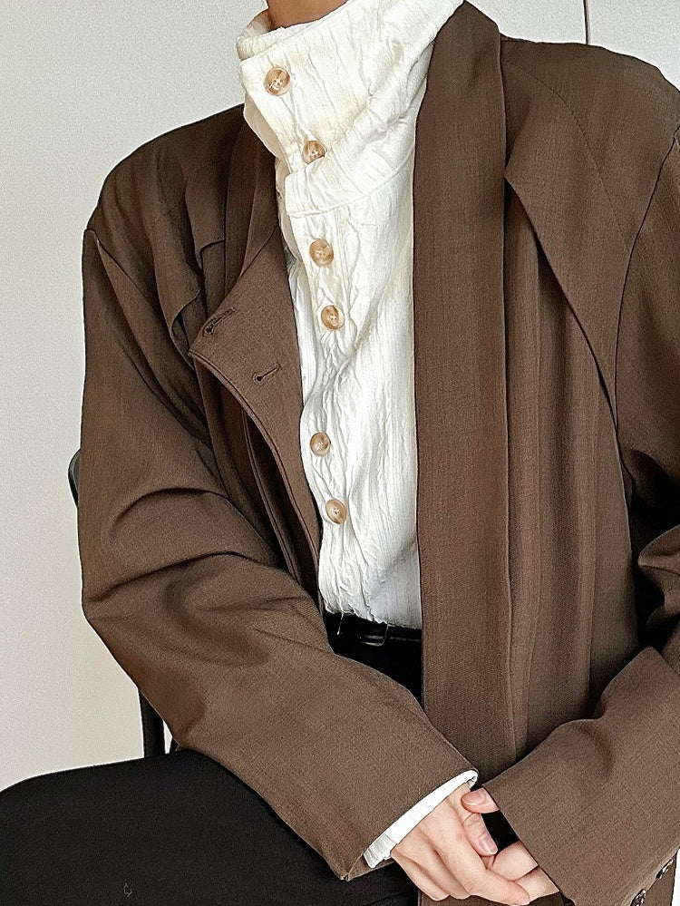 Ouji Lolita Apricot Textured Long Sleeve Shirt with Mandarin Collar & Button Cuffs