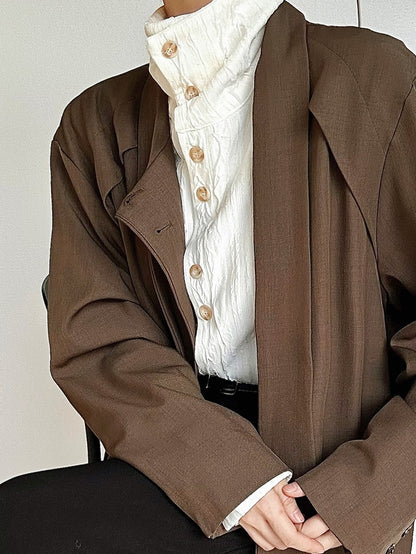 Ouji Lolita Apricot Textured Long Sleeve Shirt with Mandarin Collar & Button Cuffs