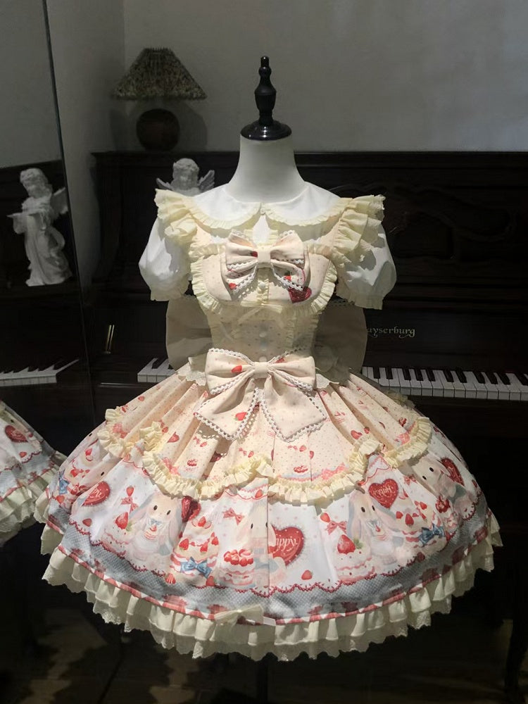 Cute Bunny and Strawberry Cake Print Yellow Dress Sweet Lolita JSK / Full Set