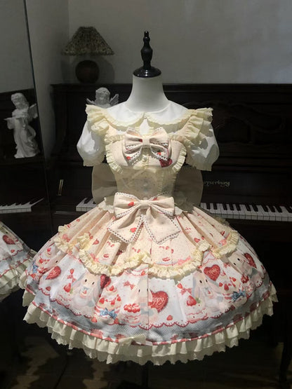 Cute Bunny and Strawberry Cake Print Yellow Dress Sweet Lolita JSK / Full Set