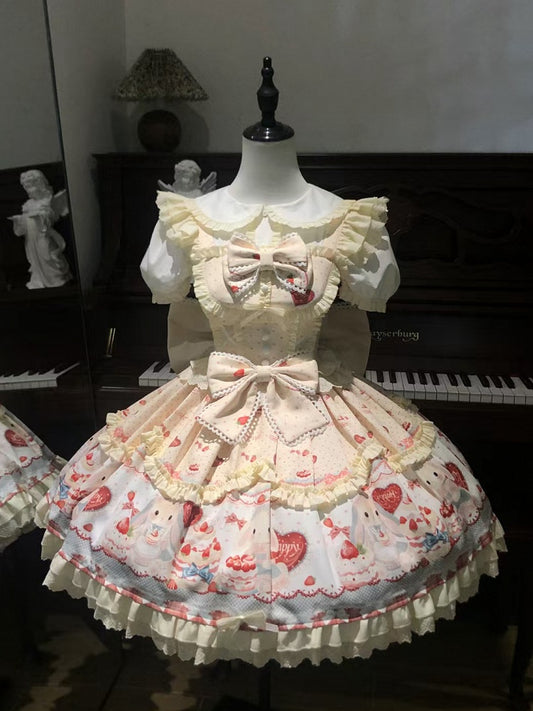 Cute Bunny and Strawberry Cake Print Yellow Dress Sweet Lolita JSK / Full Set