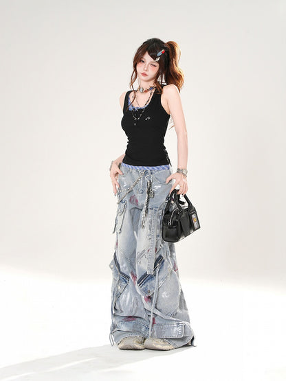 Black and Blue Plaid Faux Two-pieces Slim-fitting Tank Top