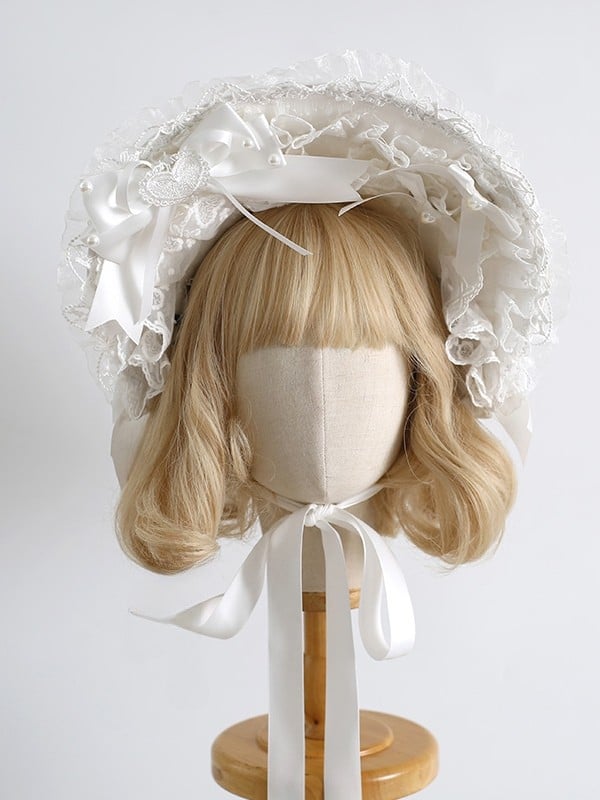 White Heart And Beaded Decorated Bowknot Details Lace Trim Bonnet