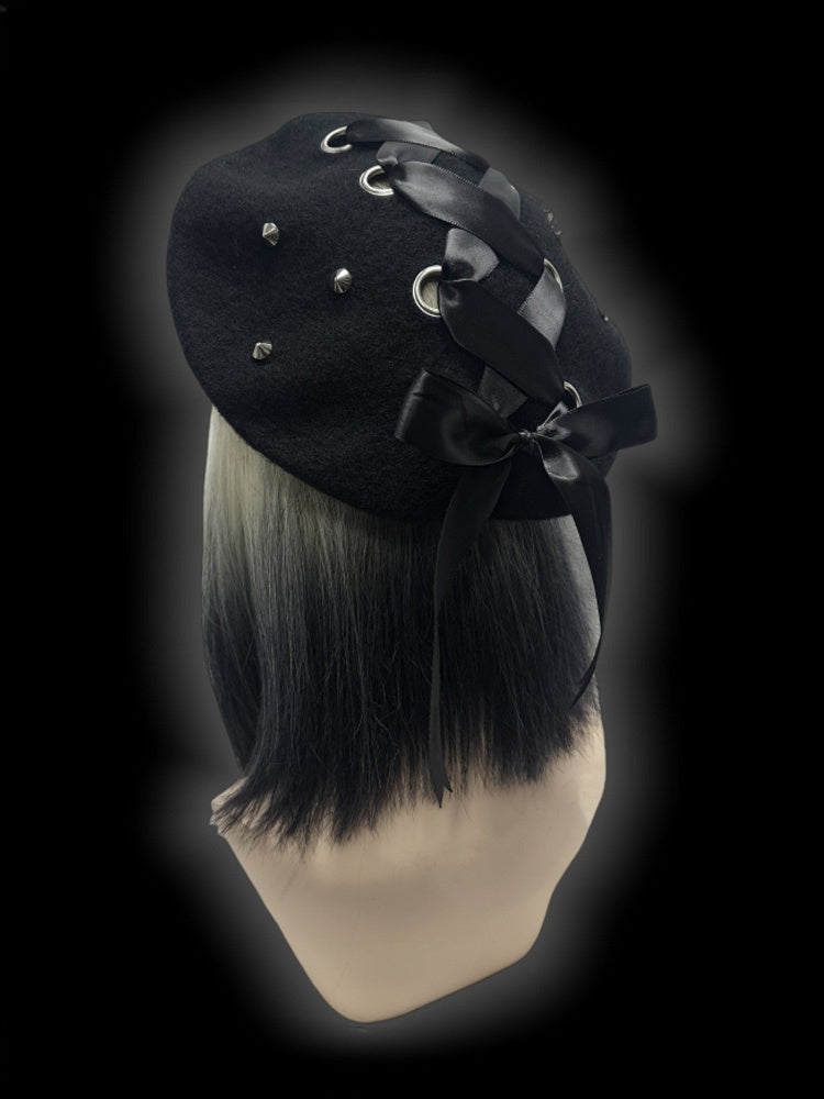 Y2K Black Lace-up Detail Studs Design Wool Beret