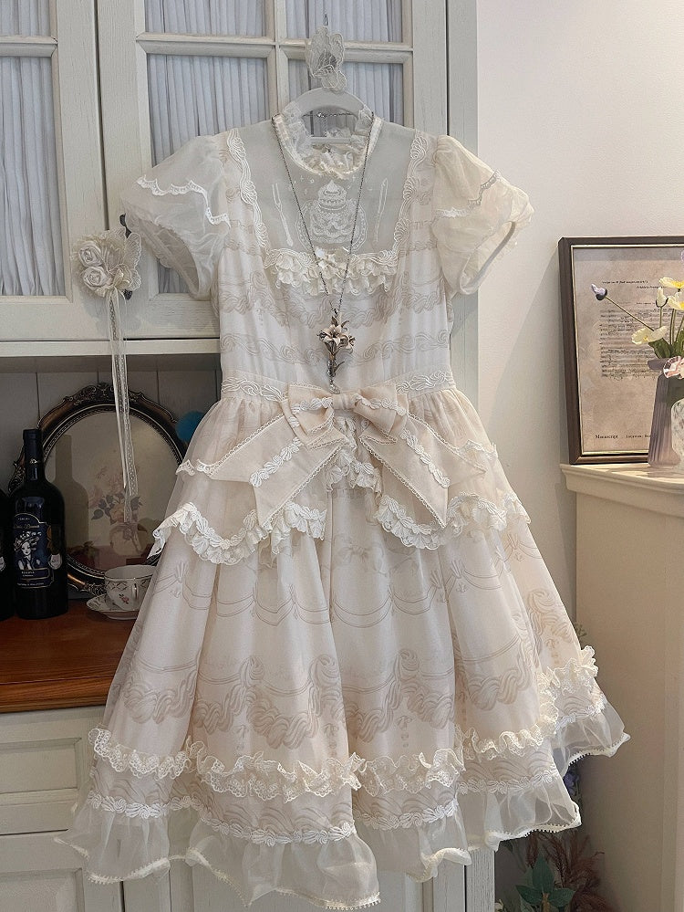 Creamy White Illusion Neckline Short Sleeves Lolita One Piece