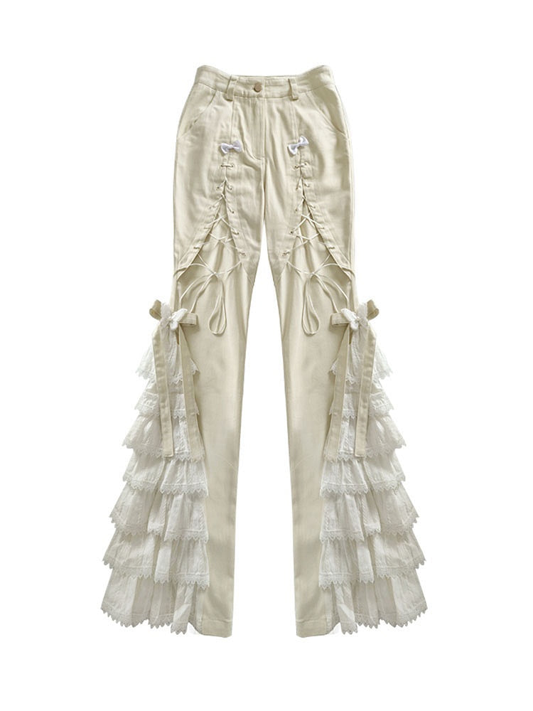 Lace-up Detail Beige Tiered Design Flared Pants with Bowknots and Butterflies