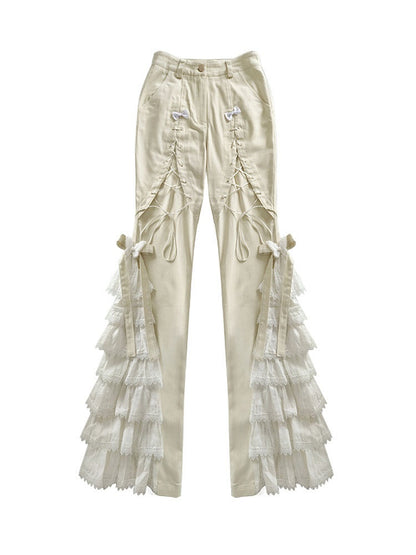 Lace-up Detail Beige Tiered Design Flared Pants with Bowknots and Butterflies