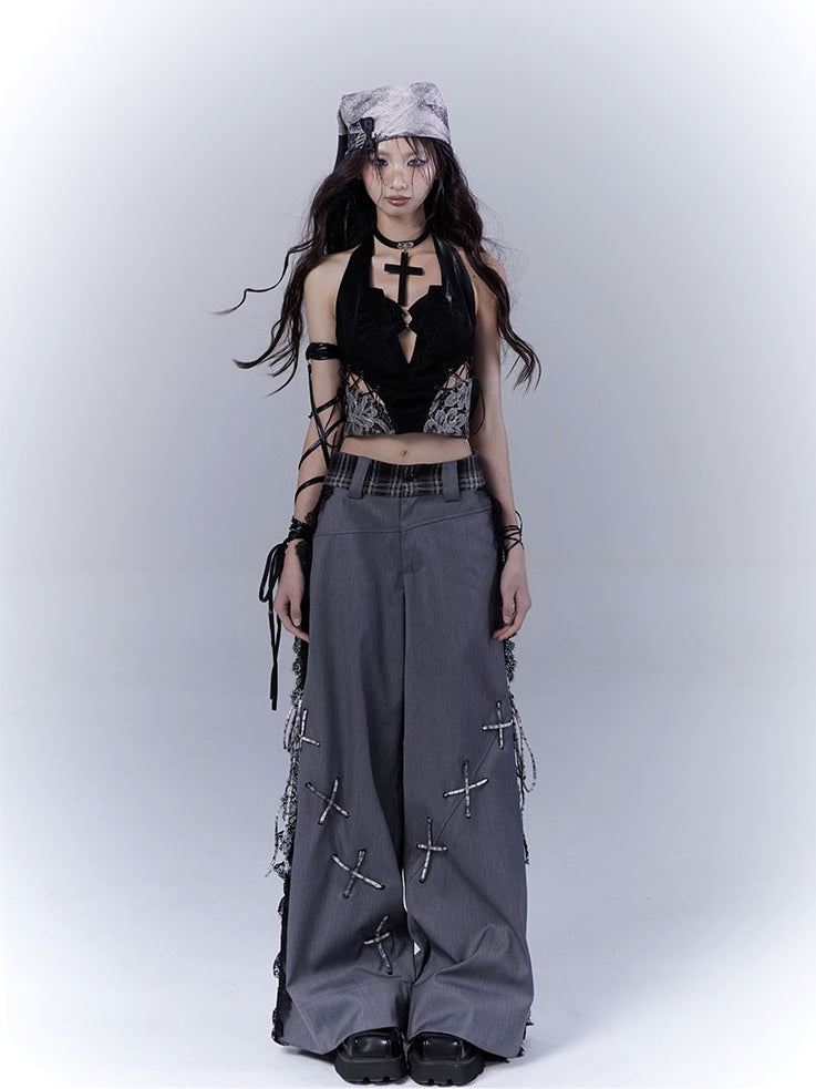 Dark Gray Lace Patches Side Casual Pants with Lace-up Details