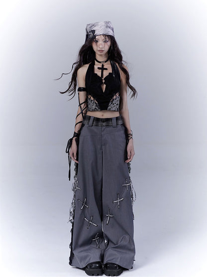 Dark Gray Lace Patches Side Casual Pants with Lace-up Details