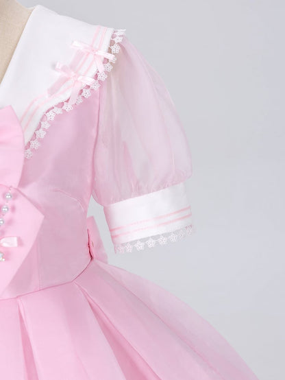 Star Lace Trimmed Sailor Collar Short Sleeves Pink Lolita Dress with a Free Bowtie Magical Girl Dress