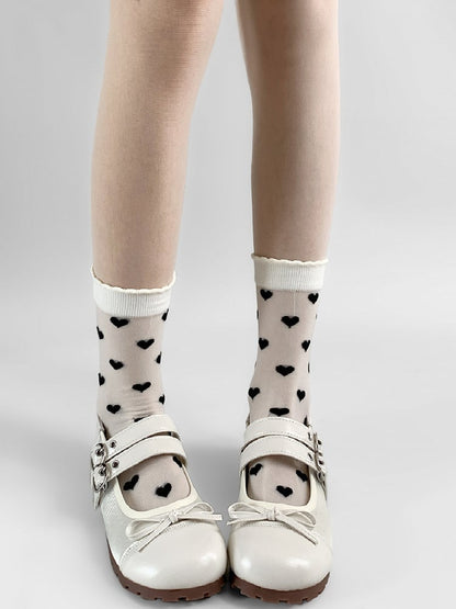 White&Black/Purple Heart Embroidery Ribbed Trim Calf Socks