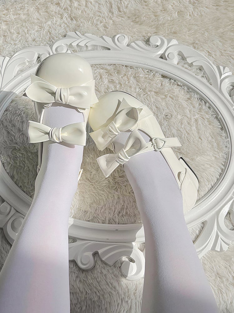 Beige Bow Accents Point Toe Sweet Lolita Block Heels