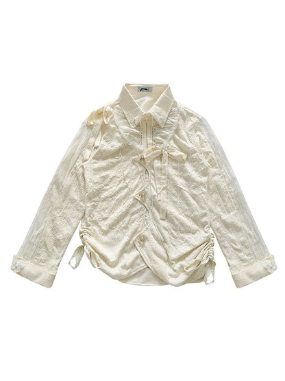 Lace-up Detail Beige Bowknot Details Long Sleeves Shirt