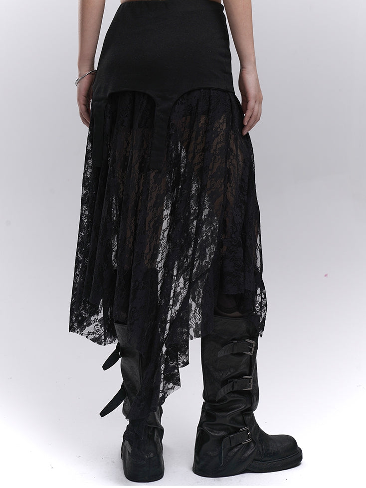 Black Elastic Waist Asymmetrical Hem Side Slit Lace Skirt