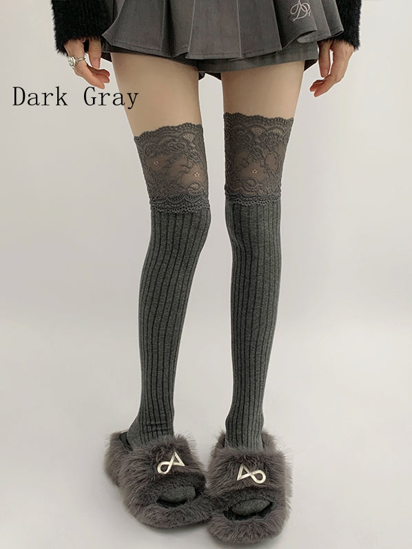 White/Black/Dark Gray/Beige/Light Gray Lace Trim Knitted Over-knee Stockings