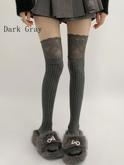 White/Black/Dark Gray/Beige/Light Gray Lace Trim Knitted Over-knee Stockings