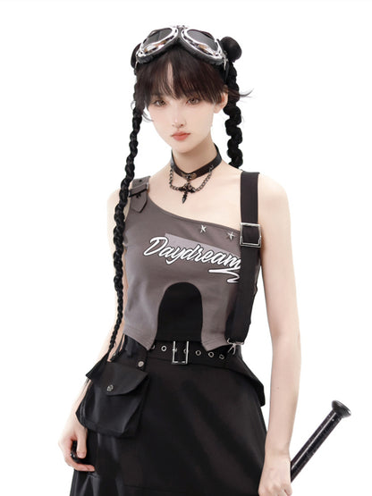 Black and Gray One Shoulder Cargo Top