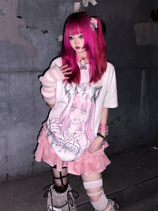 Girl Print White T-shirt Jirai Kei Top