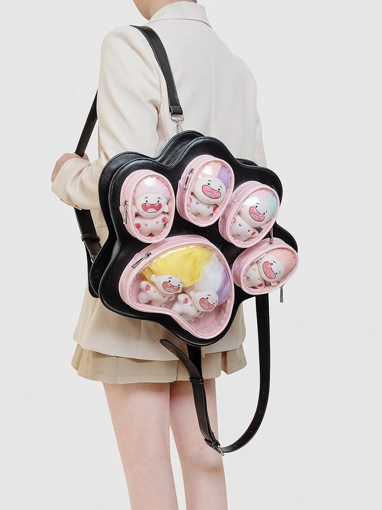 2-Way Black & Pink Enchanting Kitten & Puppy Paw Ita Backpack In Cute Style
