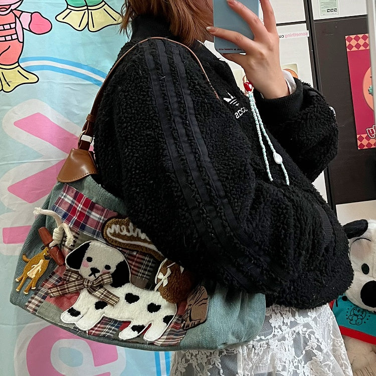 Artisanal Washed Denim Blue and Pink Plaid Shoulder Bag with Vintage Puppy & Kitten Patches