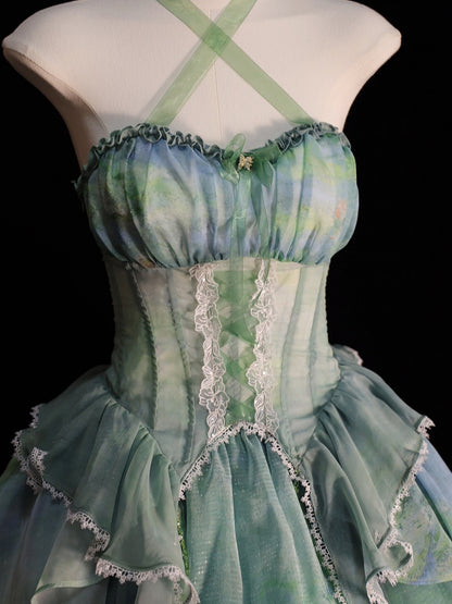 Green Fairy Oil Painting Print Tiered Flounce Hem Halter Boned Corset Top