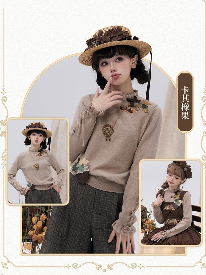 Pinecone Embroidery Neckline Lace-up Cuffs Khaki Autumn Knit Top