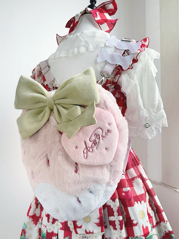 Red / Pink / Black Plush Strawberry Backpack, Convertible Crossbody Bag with Adjustable Strap