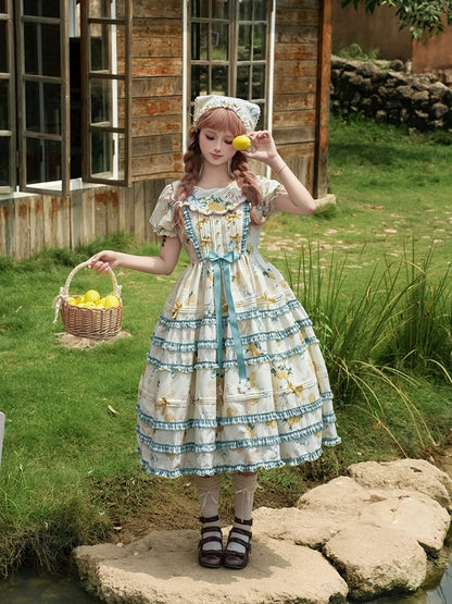 Blue & Yellow Puff Sleeves Tiered Ruffles Country Lolita Dress with Lemon and Rabbit Print