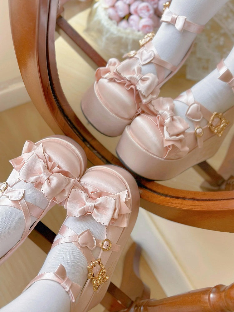 Pink Bear Buckle Straps Bowknot Platform Shoes with Bear Embroidery