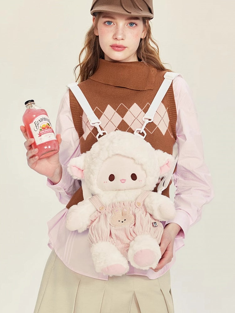 White&Pink Cute Plush Lamb Backpack + Overall Pants Middle/Large Size