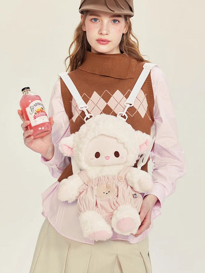 White&Pink Cute Plush Lamb Backpack + Overall Pants Middle/Large Size