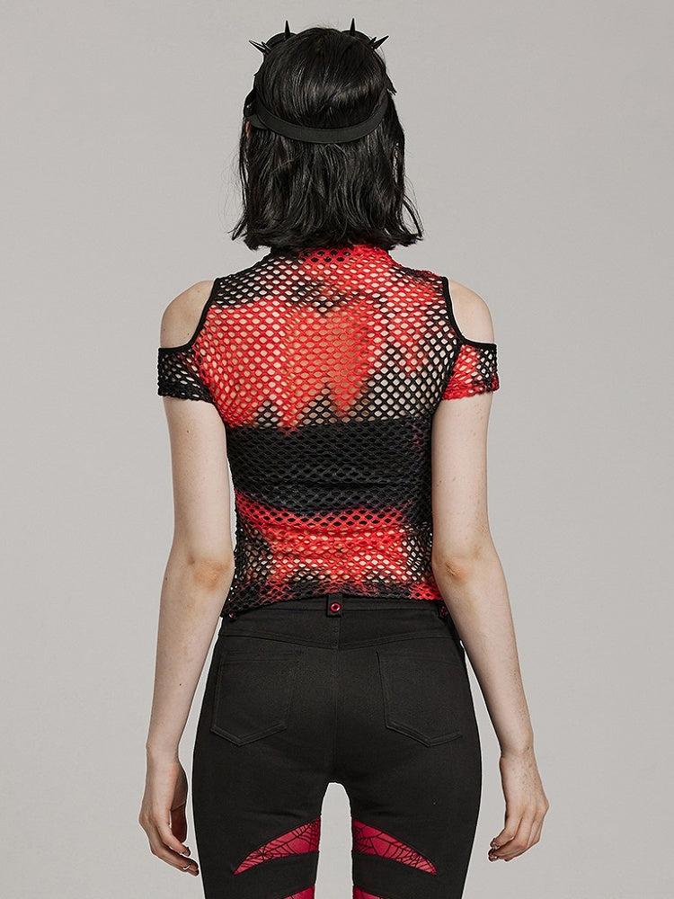 Black and Red Punk Tie-dyed Mesh Short Sleeve T-shirt